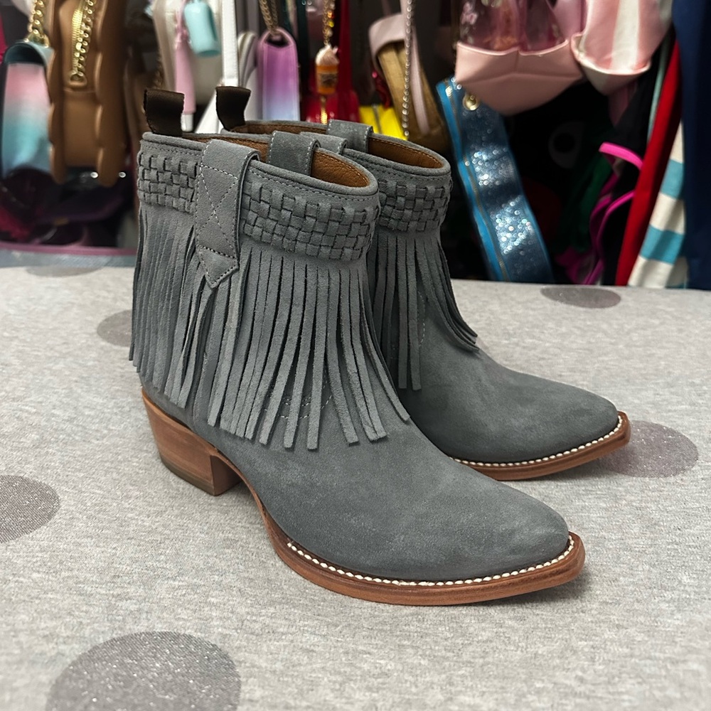 Frye Gray Suede Fringe Booties with Woven Cuff